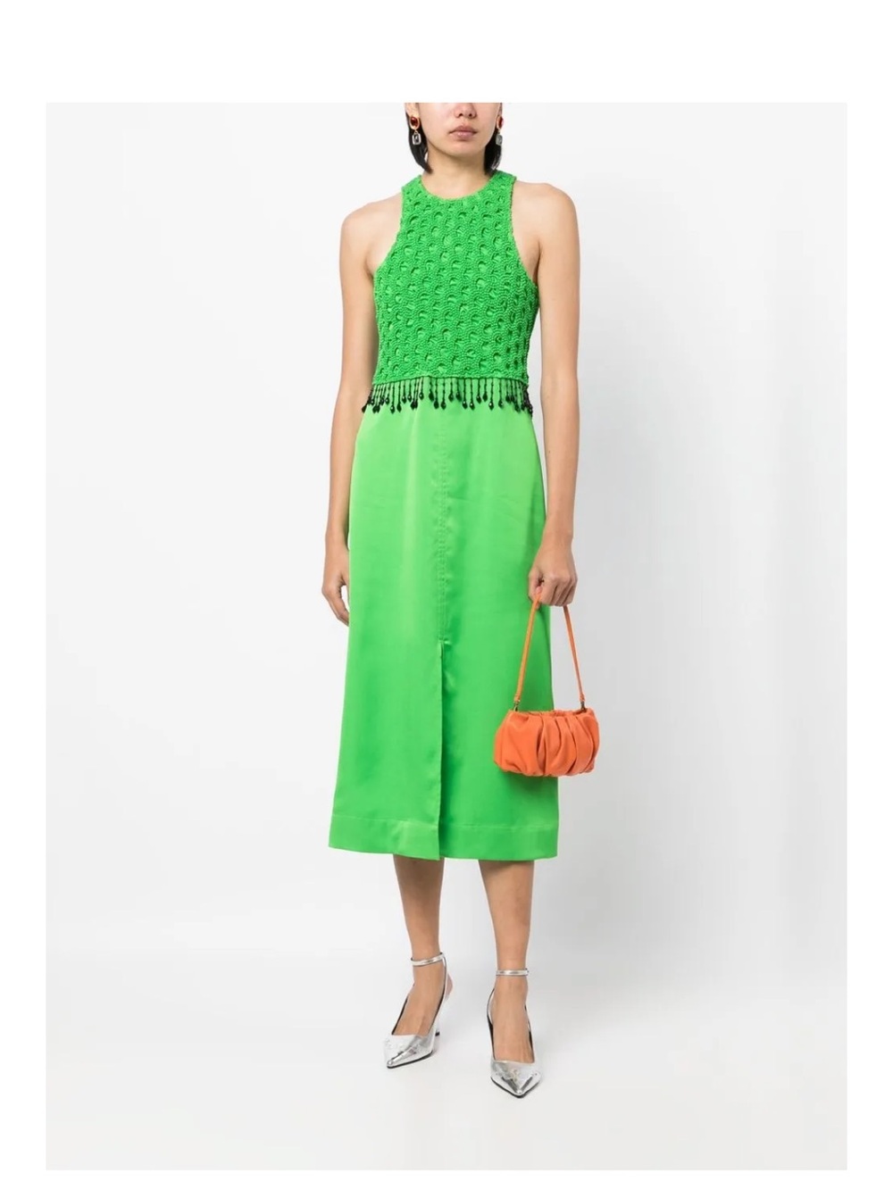 NWT GANNI Bright Green Crocheted Bodice Midi Dress